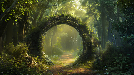 Ancient gate in the forest portal to another world 