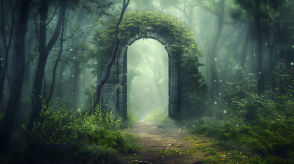 Ancient gate in the forest portal to another world 