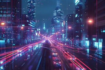 A city street with a lot of lights and cars. The lights are bright and colorful, creating a sense of energy and excitement. The cars are moving quickly, adding to the feeling of motion and activity
