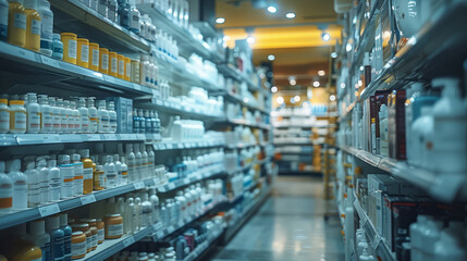 Pharmacy business store, showcasing various types of prescription store drugs shelves.