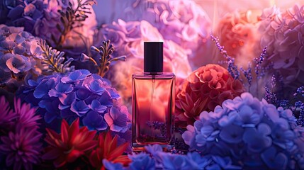 a collection of perfume bottles adorned with delicate flowers, set against a soft, light background, with ample space for text.