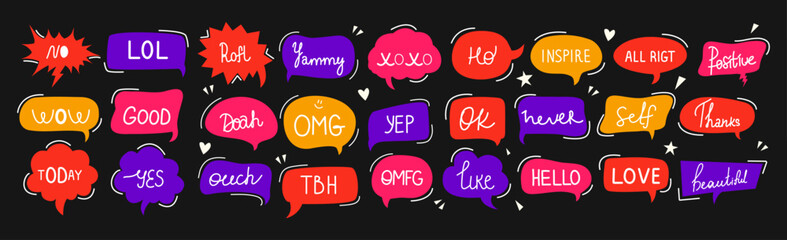 Big set of speech bubbles and talks clouds with phrases. Quotes. Calligraphy and lettering. Conversation with words. Scribbles elements. Editable stroke, y2k speak, mark and brushes. Dialog