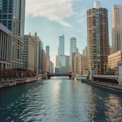 River Running Through City Next to Tall Buildings