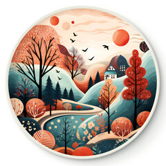 watercolor painting of the autumn, fall city with cozy small houses, streets, trees and birds. Art illustration