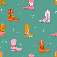Lovely illustrated cowboy boots with different ornaments, cactus, animal print, flames, stars. Vector hand drawn illustration, seamless pattern, great for textiles, wallpapers, wrapping.