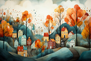 watercolor painting of the autumn, fall city with cozy small houses, streets, trees and birds. Art illustration