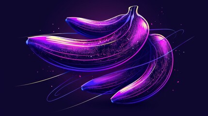   Purple bananas in a row against a purple and blue backdrop, with lines emanating from them - obrazy, fototapety, plakaty