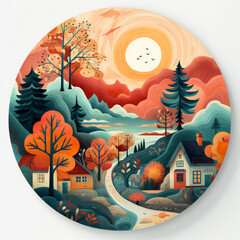 watercolor painting of the autumn, fall city with cozy small houses, streets, trees and birds. Art illustration