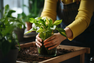 person planting tree. Woman gardener hand replanting home plants. Transplanting a houseplant into a new flower pot. Concept of home jungle and gardening. Taking care of home plants
