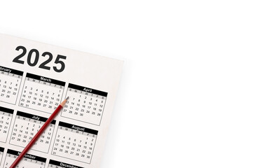 Calendar Year 2025 schedule with blank note for to do list on paper background. Flat lay with calendar, pencil on calander 2025. page of calendar 2025. isolated on white