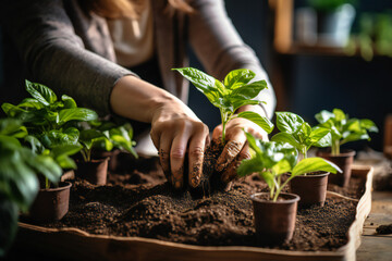 person planting tree. Woman gardener hand replanting home plants. Transplanting a houseplant into a new flower pot. Concept of home jungle and gardening. Taking care of home plants - obrazy, fototapety, plakaty