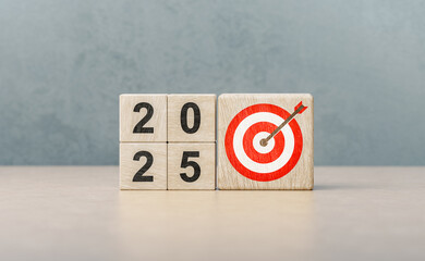 New year resolution 2025. Goal achievement. Ambition aiming success. Dartboard and arrow with number 2025. Hitting target, shooting at goal, Success,
