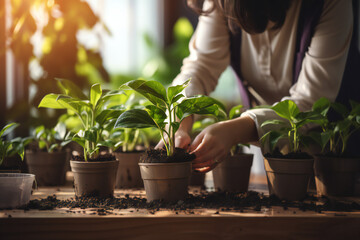 person planting tree. Woman gardener hand replanting home plants. Transplanting a houseplant into a new flower pot. Concept of home jungle and gardening. Taking care of home plants