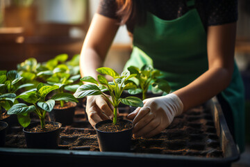 person planting tree. Woman gardener hand replanting home plants. Transplanting a houseplant into a new flower pot. Concept of home jungle and gardening. Taking care of home plants - obrazy, fototapety, plakaty