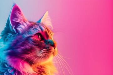 Portrait of a fluffy cat on a neon background. Banner for a pet nursery, veterinary clinic or advertising banner.