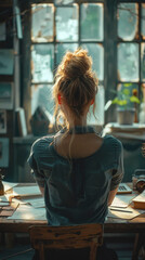 Young woman working, sitting at a table in a room, view from the back.