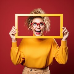 woman looking empty blank frame social media concept expression wearing sunglasses face portrait copy space photo background design happy