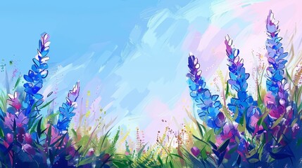   A painting of blue and purple flowers against a blue-pink background, with a blue sky in the background