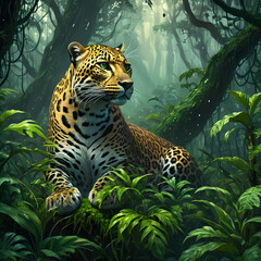 The image could be named Majestic Leopard and Jaguar in Wildlife Habitat - obrazy, fototapety, plakaty