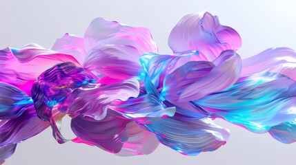   A scene featuring numerous purple and blue blossoms against a white and blue background Lightly reflected petals appear in the background