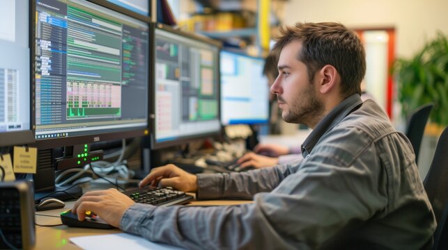 A man works as an operator specialist in a computer data center in front of many monitors with charts and data