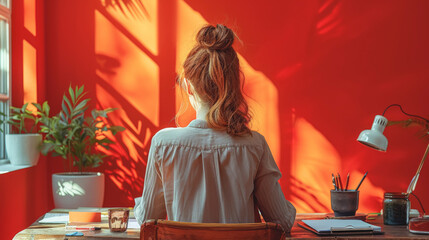 A young woman sits at a table in a room with orange walls, viewed from the back.