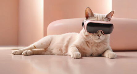 AI generated cute cat wearing VR goggles in a minimal pastel dreamy environment 