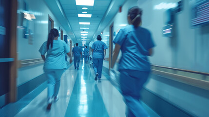 Fototapeta premium Surgeons and Doctors Walk Through Hospital Hallway, Dynamic scene, Modern Bright Hospital with Professional Staff.