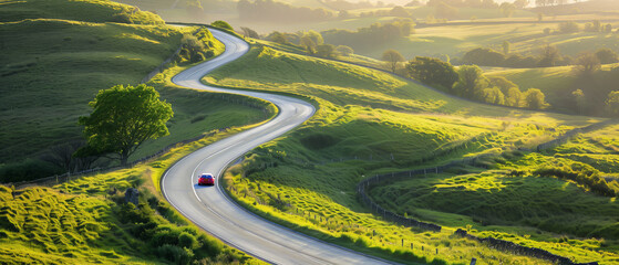 Serpentine Rural Road at Sunset, Vibrant Green Landscape with Traveling Car in Idyllic Scenery
