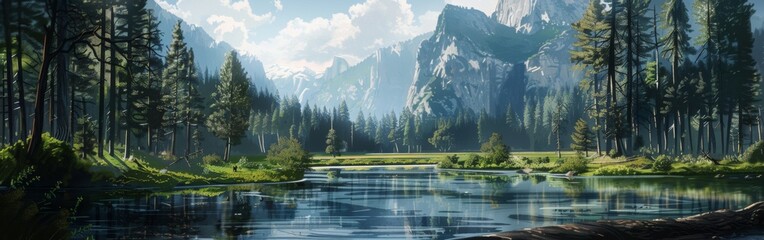 A beautiful landscape with a lake and mountains in the background - Powered by Adobe