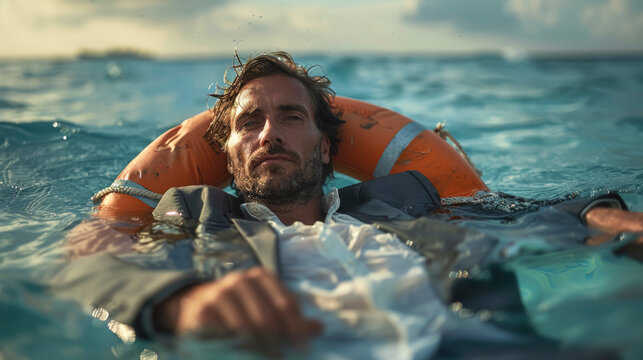 Male businessman on a lifebuoy in the middle of the sea.