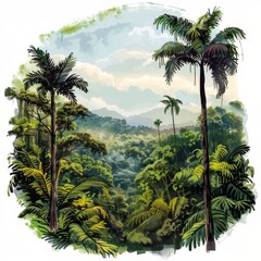 Fototapeta na wymiar A painting of a lush jungle with two tall trees in the foreground