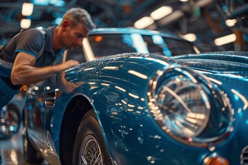 Auto mechanic carefully detailing a classic car