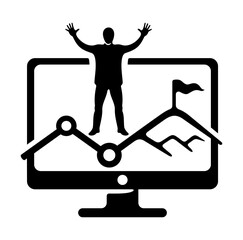 Businessman with joyful raised hands up, monitor, chart and mountain with flag. Business and finance, way to success, trade and management, illustration