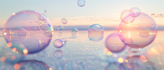 Stunning Visual of Ethereal Bubbles Reflecting the Warm Hues of Dawn Over a Calm Sea
