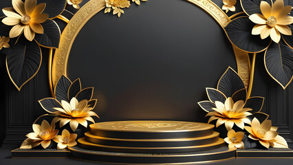cultural celebration black color and gold 3d podium with flower décor