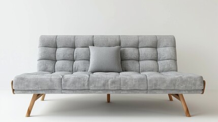 A gray couch with wooden legs and a pillow on it
