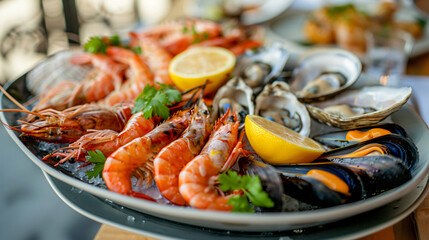 Arranged mix of chef cooked seafood like shrimp 