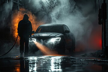 Obraz premium Dramatic car wash scene with steam and ambient lighting