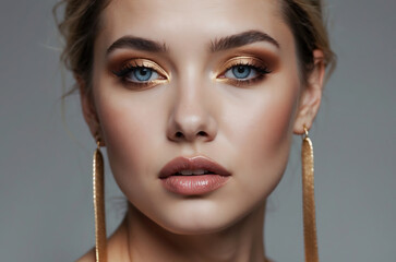 Goldenes Make-up für einen glamourösen Auftritt: Verführerischer Look mit glänzenden Akzenten und eleganten Ohrringen