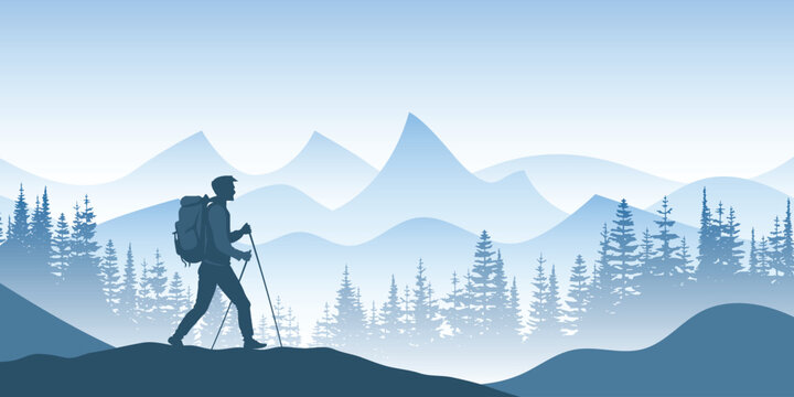 A hiker with a backpack against the background of the mountains, adventure tourism and travel, vector illustration