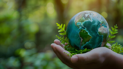 Hand Holding a Crystal Ball Reflecting Lush Forest, Symbol of Environment Preservation

