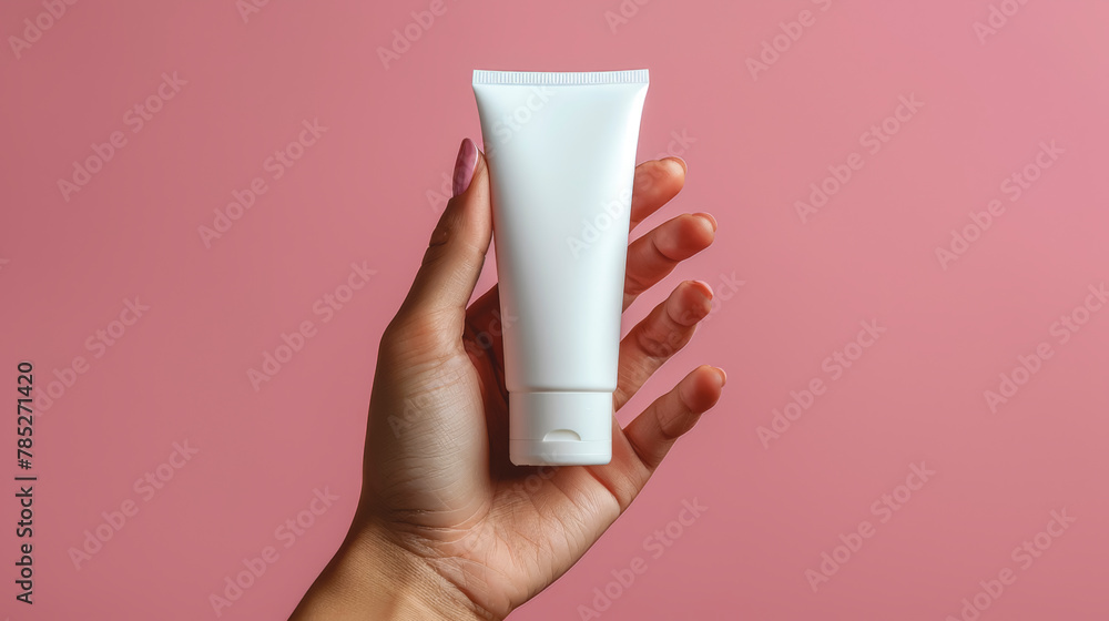 Poster White tube of cream in a female hand on a pink background.