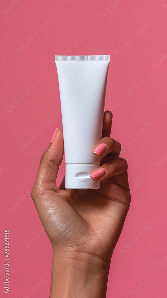 Sticker White tube of cream in a female hand on a pink background.