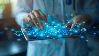 Doctor using digital tablet with health care icons, telemedicine technology concept.