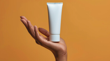 White tube of cream in a female hand on a yellow background.