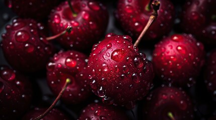Macro photo of red cherries with water drops