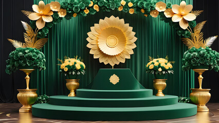 Obraz premium cultural celebration dark green color and 3d podium with flower decoration. blank store presentation. showcase stand, fashion background, flowers, festivals, Asian elements, weddings, marriage