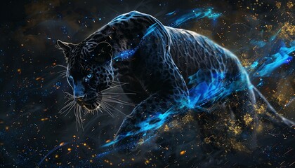 Black panther graceful big cat with blue light
