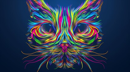   A cat's face, multicolored like a rainbow, is depicted in this image